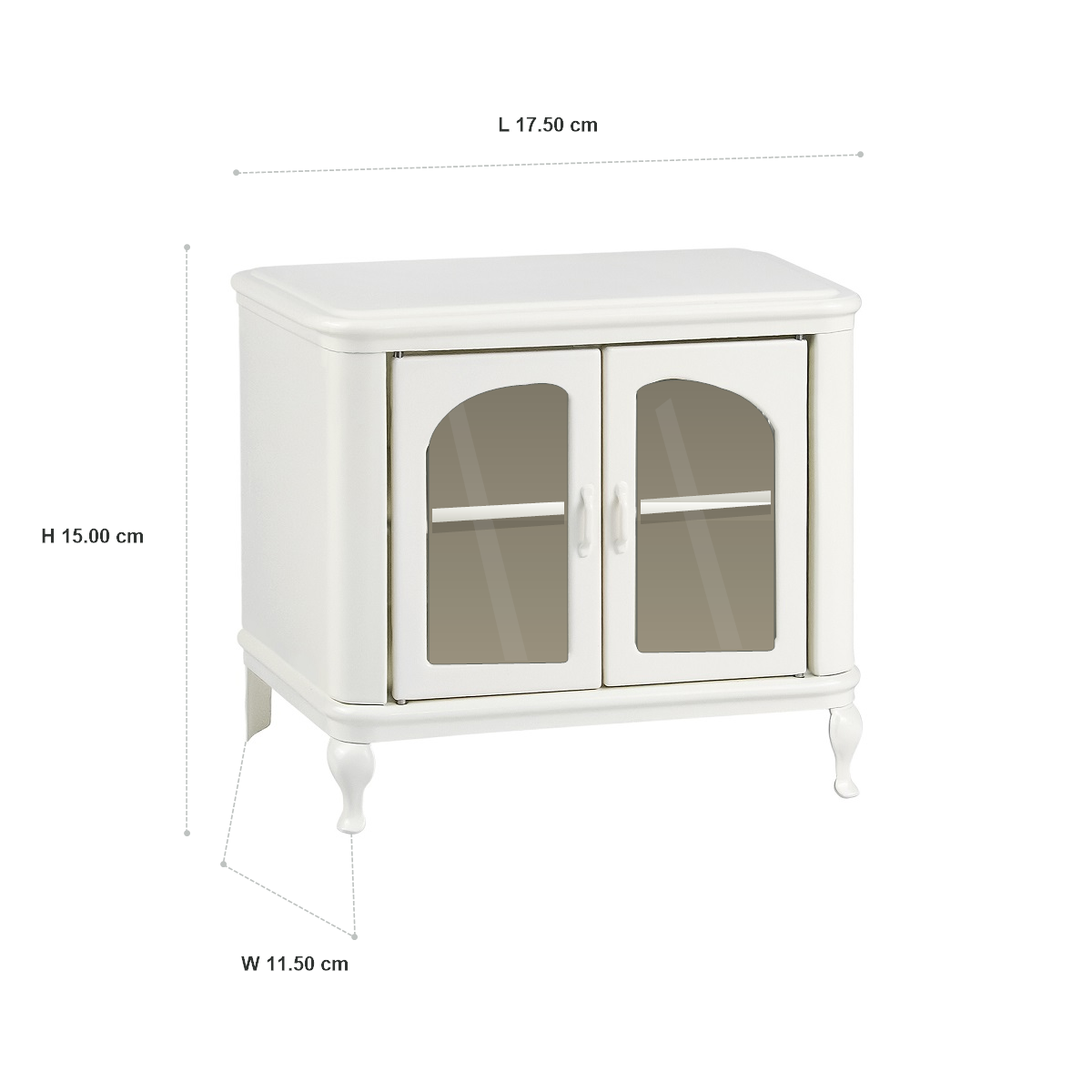 Off-white 1:6 metal dollhouse cupboard dimension chart showing W 17.5 × D 11.5 × H 15.0 cm and W 6.8 × D 4.53 × H 5.91 in