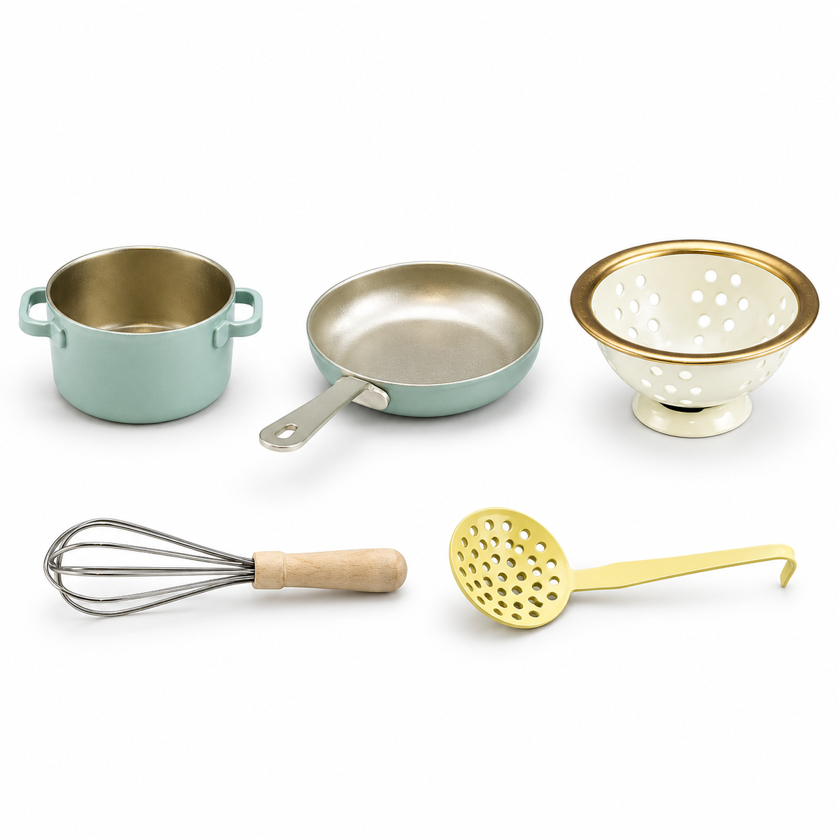 Five-piece miniature kitchen set on a white background: mint pot and frying pan, cream colander, wooden-handled wire whisk and yellow skimmer