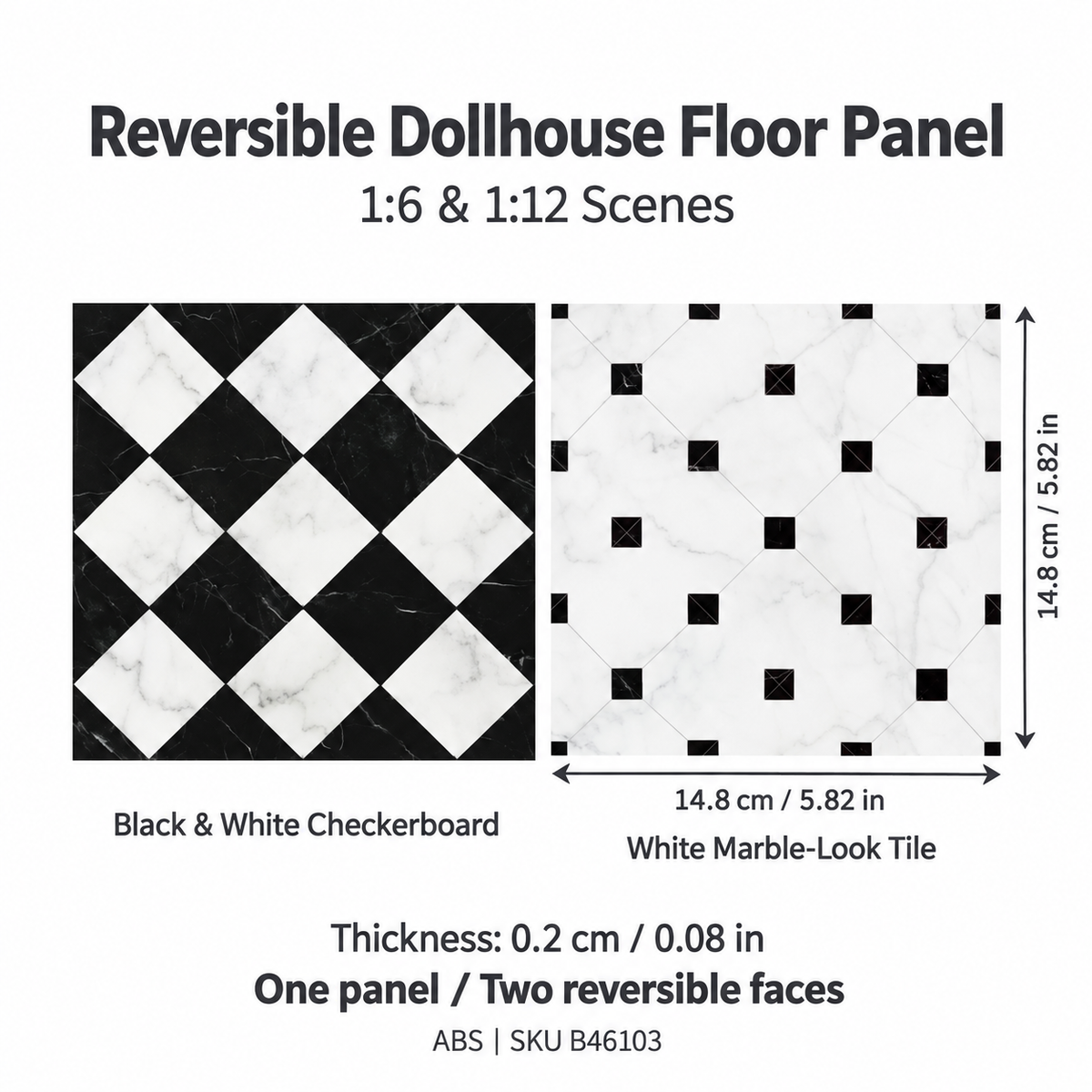 Black-and-white marble-look reversible ABS floor panel for 1:6 and 1:12 scenes, 14.8 by 14.8 cm (5.82 by 5.82 in), thickness 0.2 cm (0.08 in)
