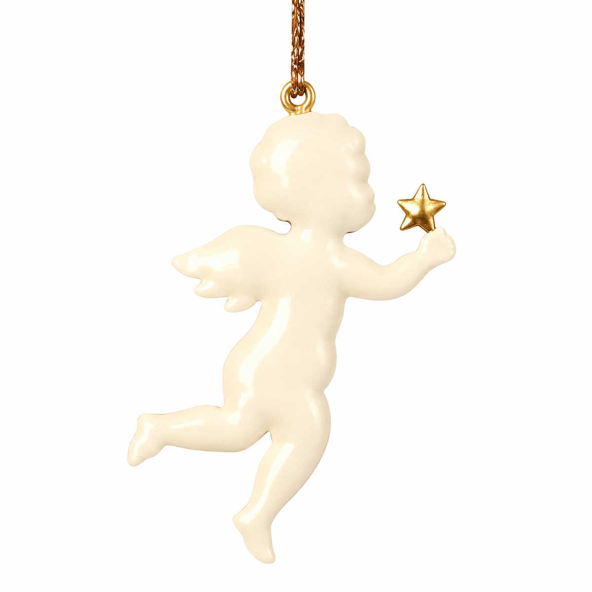 Cream metal angel Christmas ornament holding a small gold star, with a wing, curved legs and a hanging loop on a white background