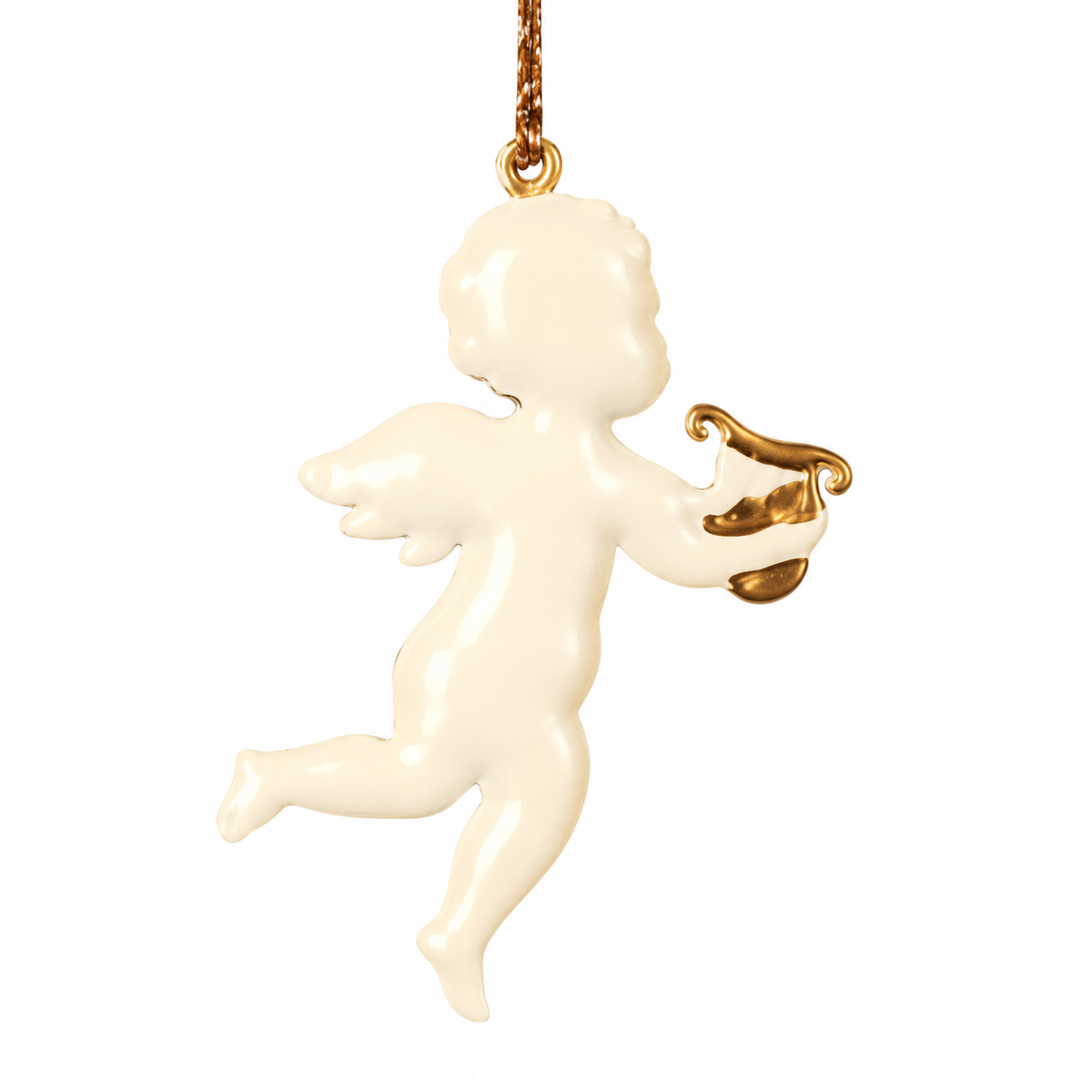 Cream metal angel Christmas ornament holding a gold harp, with a wing, curved legs and a hanging loop on a white background