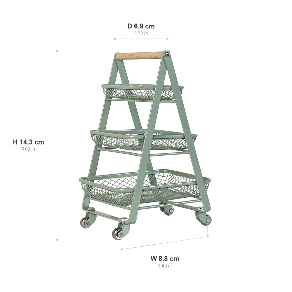 Green Metal & Wood Dollhouse Triple Trolley - 3 Removable Baskets, 1:6 Scale