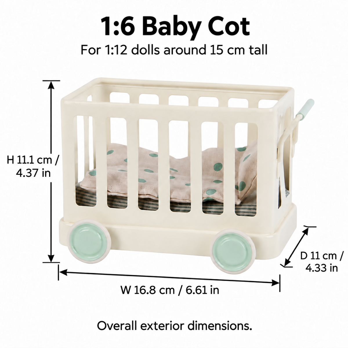 Dimension guide for a white metal 1:6 baby cot used by 1:12 dolls around 15 cm tall, W 16.8 × D 11 × H 11.1 cm (6.61 × 4.33 × 4.37 in)