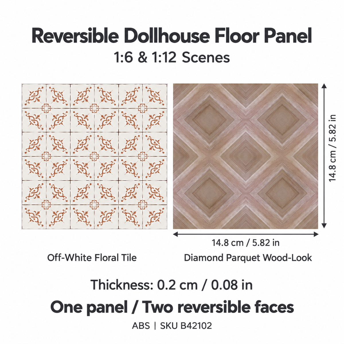 Diamond parquet and off-white floral tile reversible ABS floor panel for 1:6 and 1:12 scenes, 14.8 by 14.8 cm (5.82 by 5.82 in), thickness 0.2 cm (0.08 in)