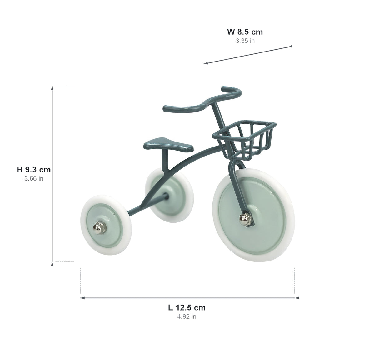 Teal green and mint 1:12 metal dollhouse tricycle dimensions: L 12.5 × W 8.5 × H 9.3 cm / 4.92 × 3.35 × 3.66 in