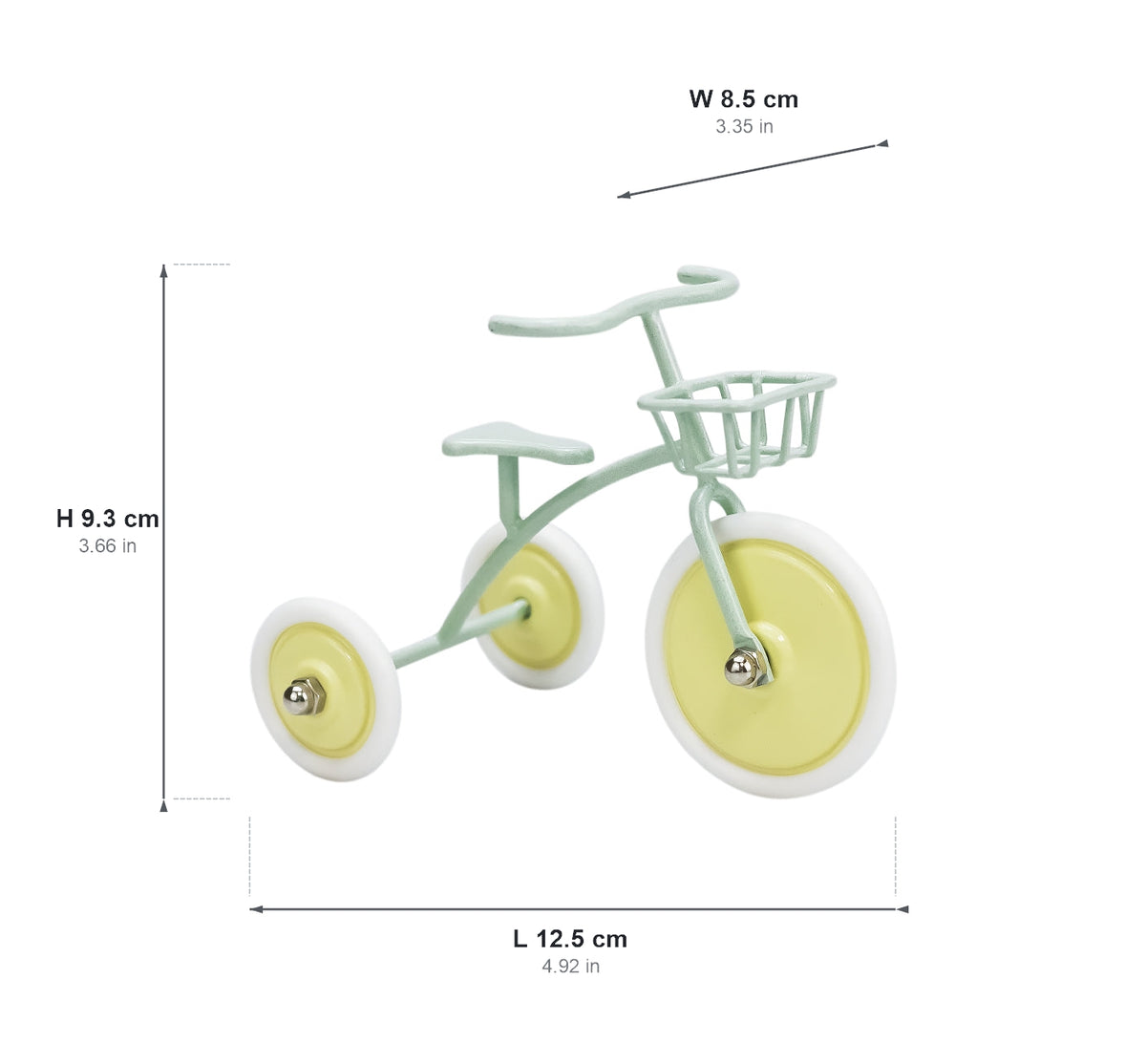 Mint green and yellow 1:12 metal dollhouse tricycle dimensions: L 12.5 × W 8.5 × H 9.3 cm / 4.92 × 3.35 × 3.66 in