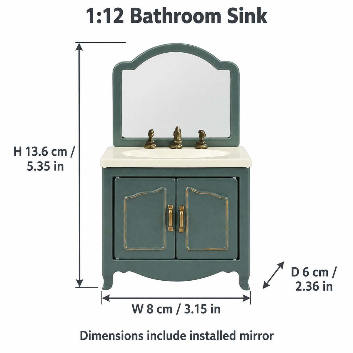 Dimension guide for the green metal 1:12 bathroom sink with installed glass mirror, W 8 × D 6 × H 13.6 cm (3.15 × 2.36 × 5.35 in)