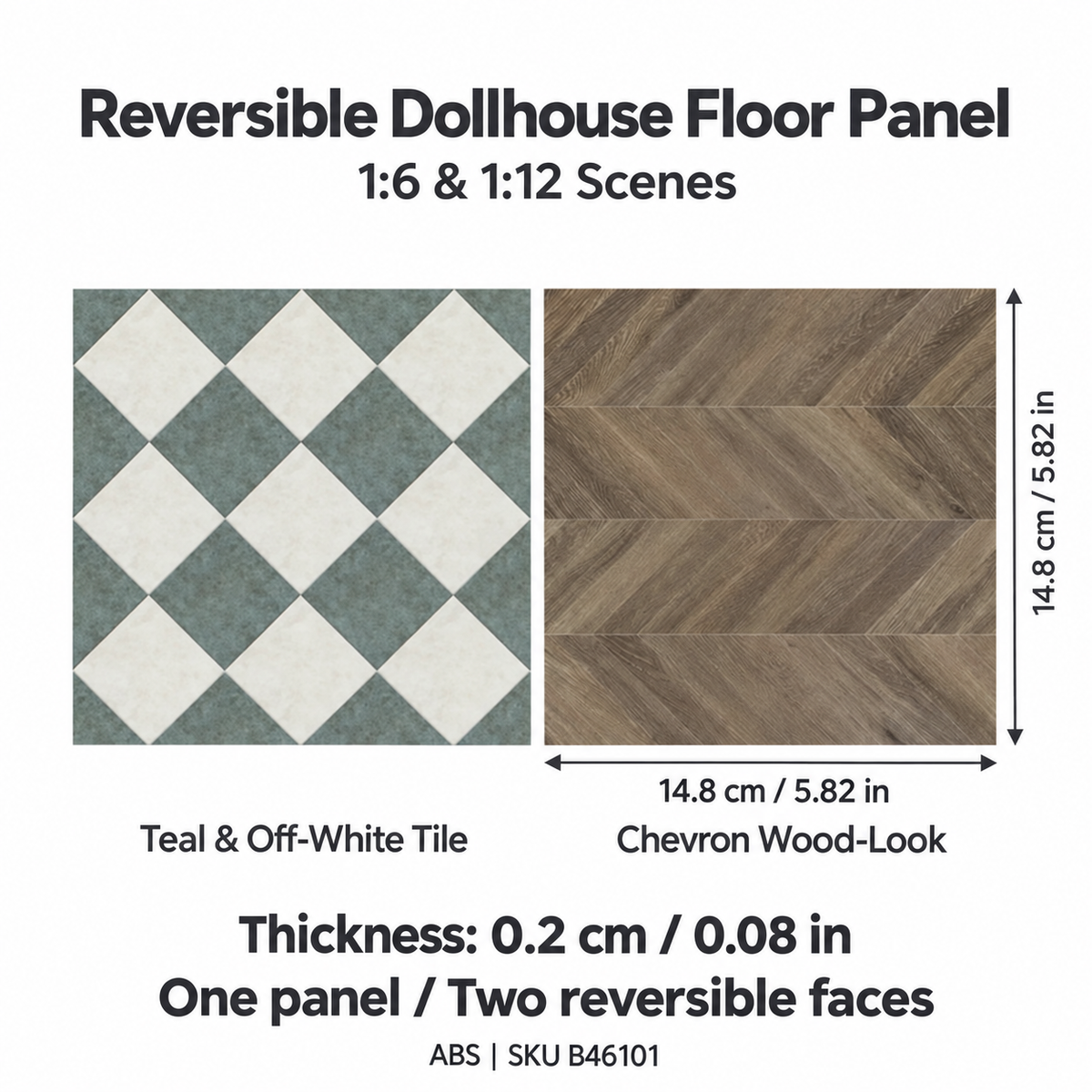 Chevron wood-look and teal tile reversible ABS floor panel for 1:6 and 1:12 scenes, 14.8 by 14.8 cm (5.82 by 5.82 in), thickness 0.2 cm (0.08 in)