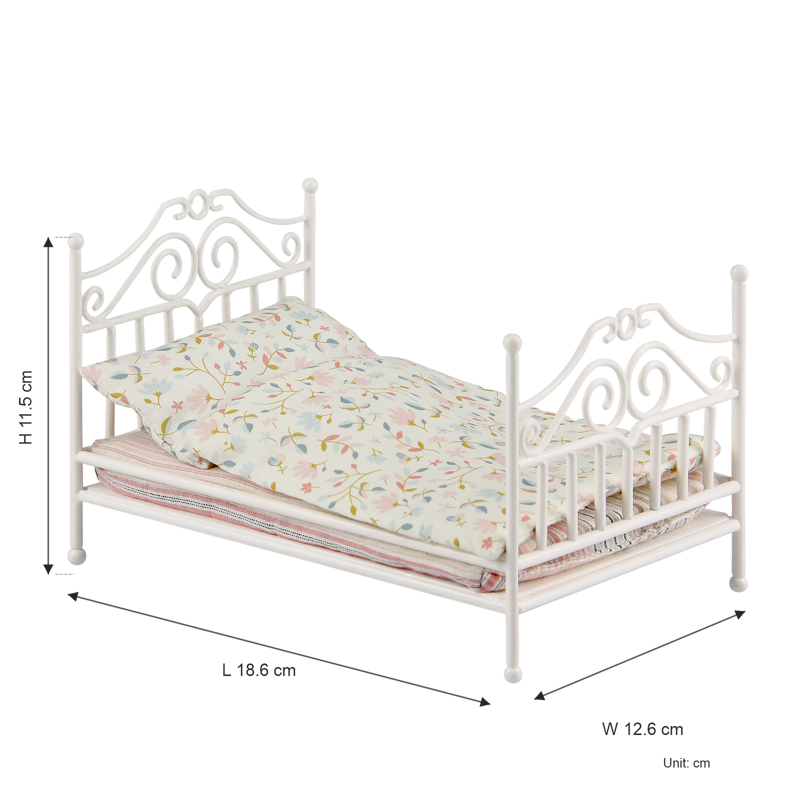 White 1:12 scale dollhouse antique bed size chart showing 18.6 x 12.6 x 11.5 cm dimensions